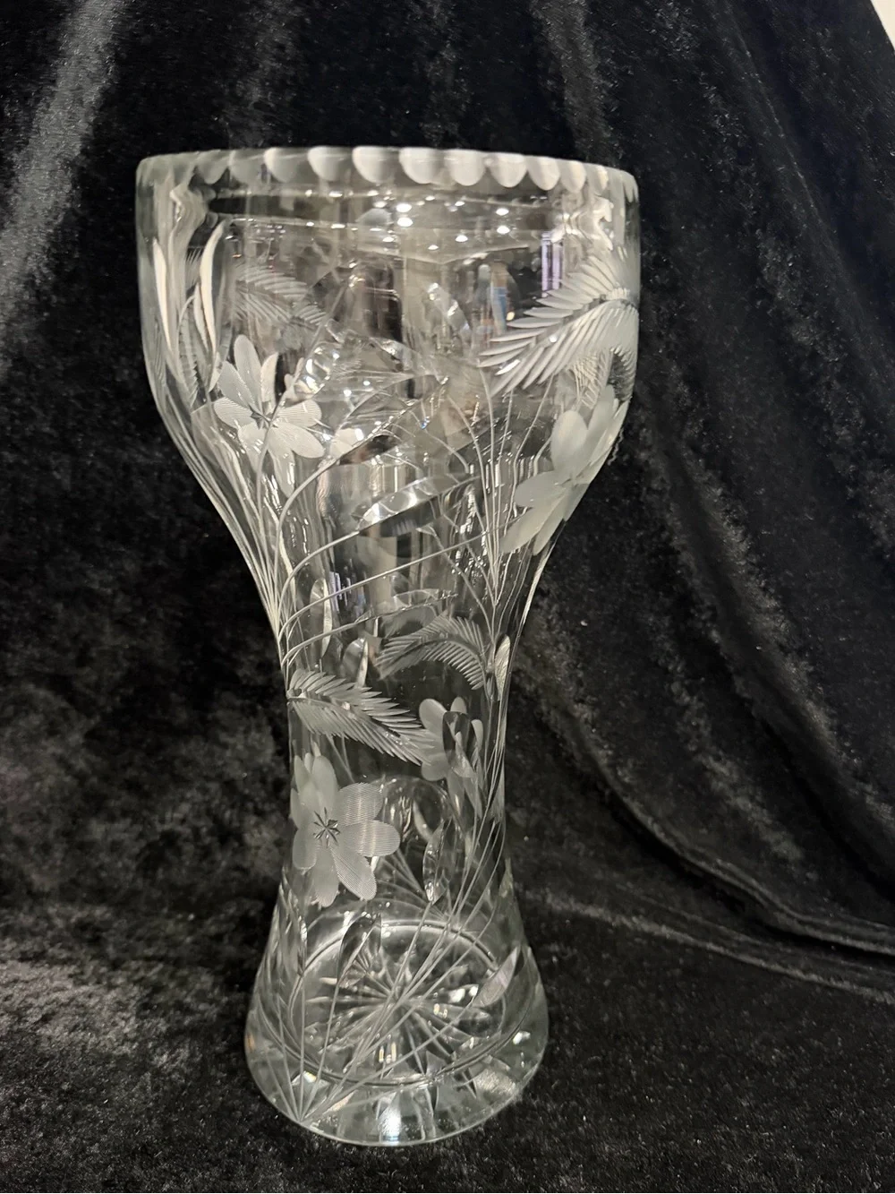 Vintage Crystal Etched Cut Floral Glass Vase - Clear